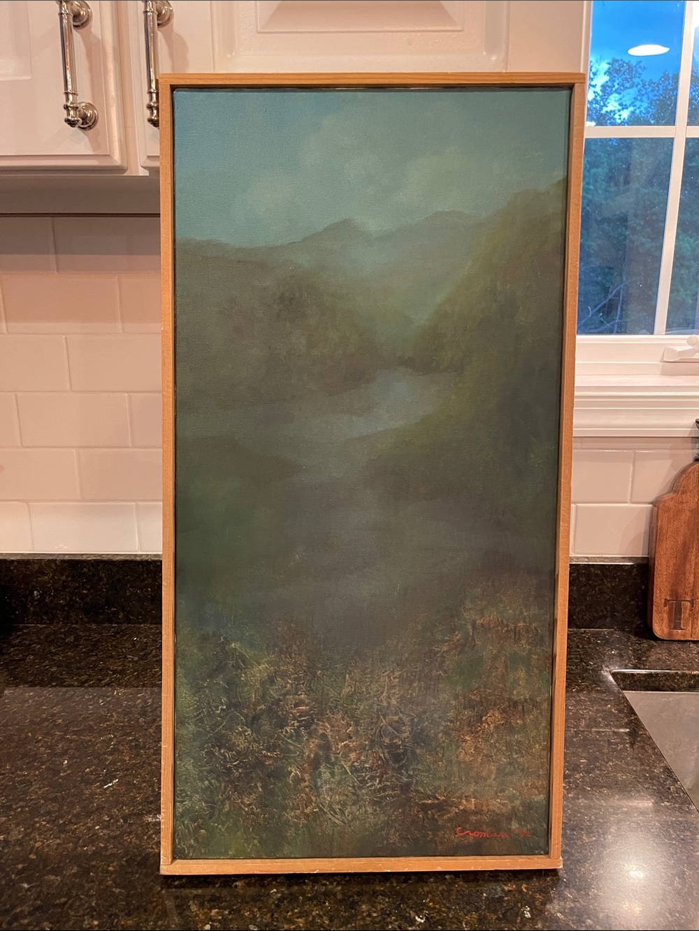 Vintage 1992 Framed Landscape Print on Canvas  in Green and Teal Tones 25x13”